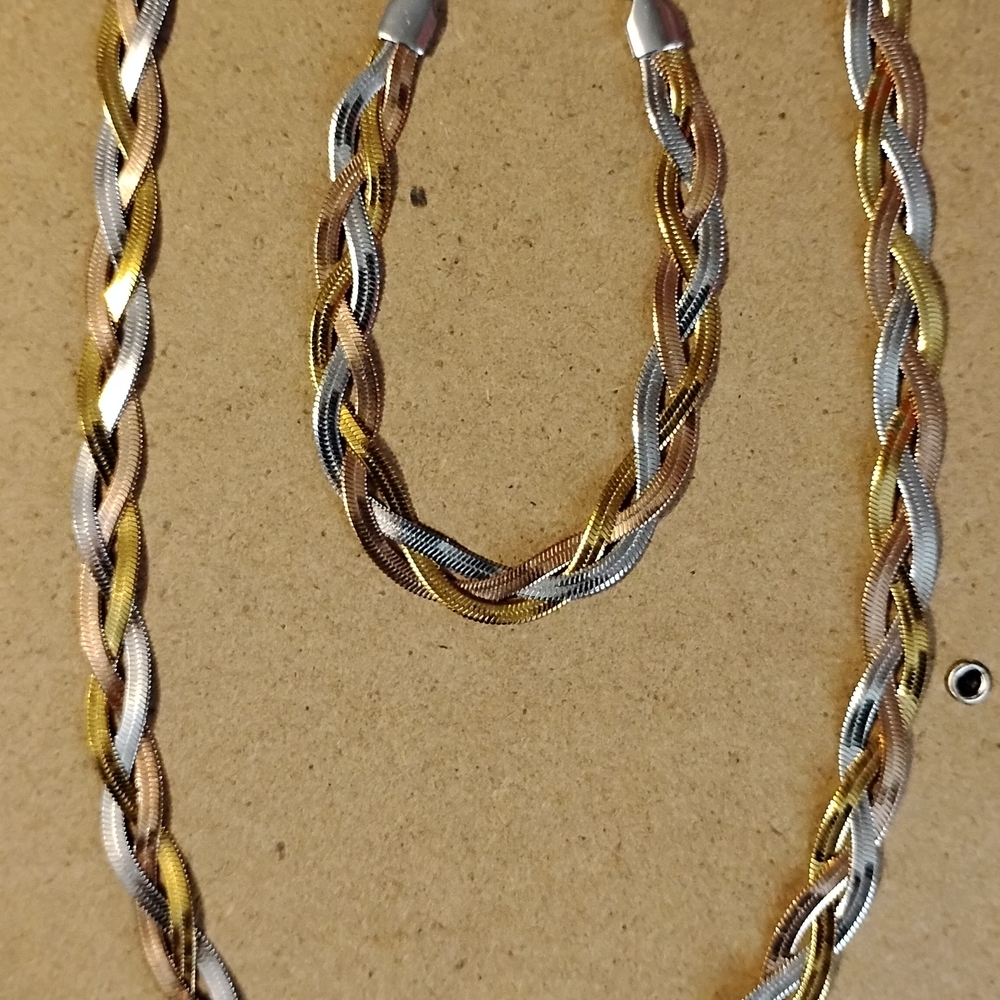 Tri-Tone Braided Women's Necklace - Gold, Silver, Rose Gold